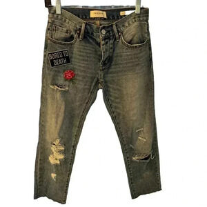 Pacsun patched girlfriend jeans, patches, distressed, raw hem. Size 24